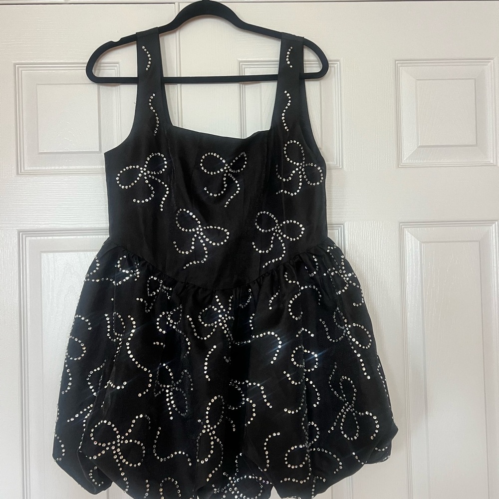 Fashion Nova Black Mini Dress with Rhinestone Bow Detail